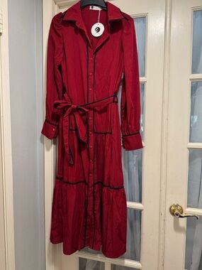 Women’s Red Long-Sleeve Tiered Shirt Dress with Black Trim